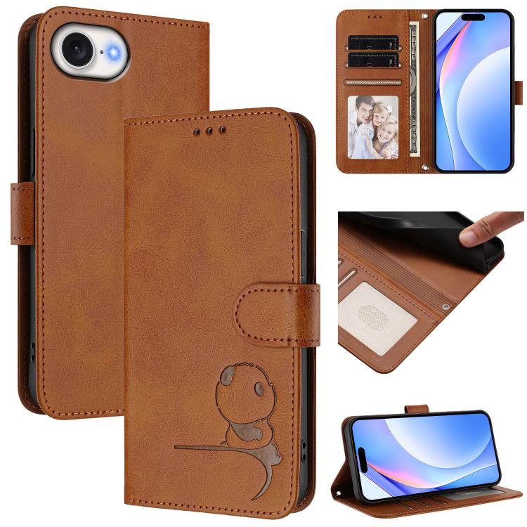 Litter Panda Embossing RFID Leather Phone Case with Lanyard, For iPhone 16e, For iPhone 16 Pro Max, For iPhone 16 Pro, For iPhone 16 Plus