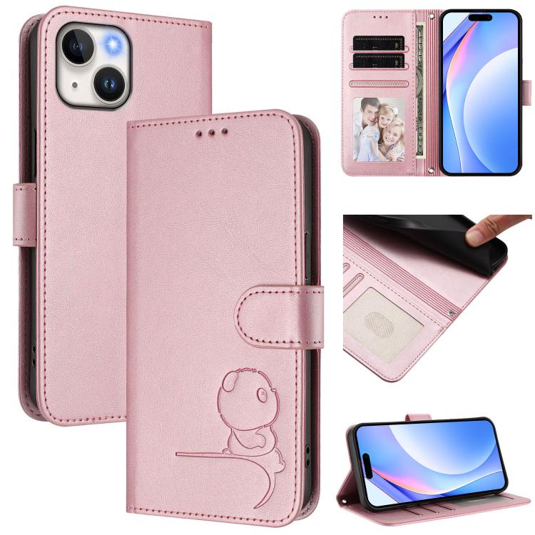 Litter Panda Embossing RFID Leather Phone Case with Lanyard, For iPhone 15, For iPhone 14 Plus, For iPhone 14 / 13, For iPhone 14 Pro