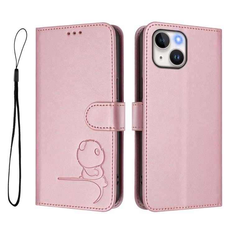 Litter Panda Embossing RFID Leather Phone Case with Lanyard, For iPhone 15, For iPhone 14 Plus, For iPhone 14 / 13, For iPhone 14 Pro