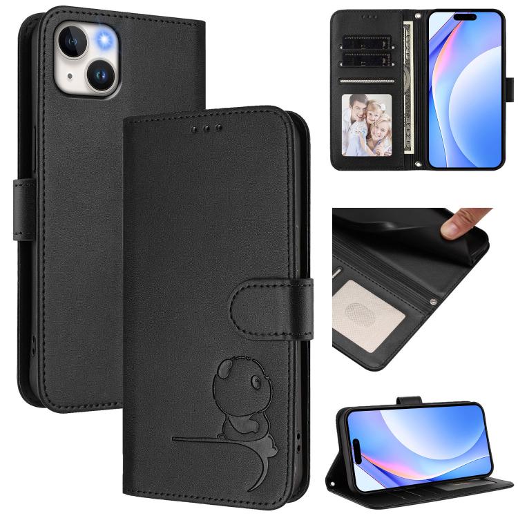 Litter Panda Embossing RFID Leather Phone Case with Lanyard, For iPhone 15, For iPhone 14 Plus, For iPhone 14 / 13, For iPhone 14 Pro