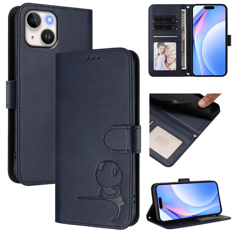 Litter Panda Embossing RFID Leather Phone Case with Lanyard, For iPhone 15, For iPhone 14 Plus, For iPhone 14 / 13, For iPhone 14 Pro