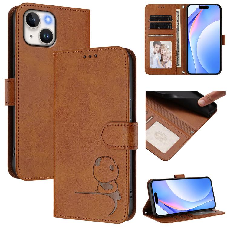 Litter Panda Embossing RFID Leather Phone Case with Lanyard, For iPhone 15, For iPhone 14 Plus, For iPhone 14 / 13, For iPhone 14 Pro