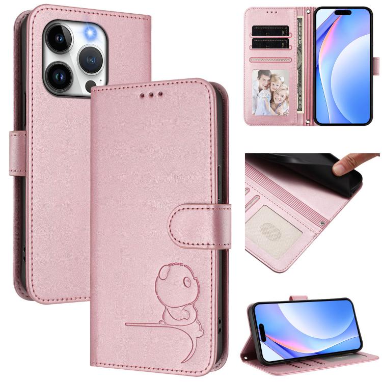 Litter Panda Embossing RFID Leather Phone Case with Lanyard, For iPhone 15, For iPhone 14 Plus, For iPhone 14 / 13, For iPhone 14 Pro