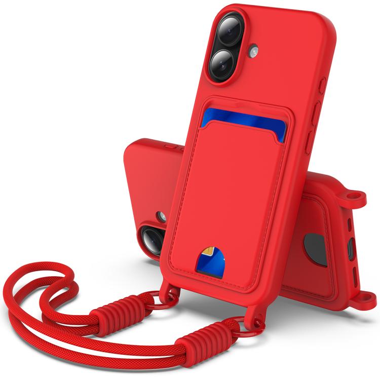 Integrated Card Bag Solid Color Liquid Silicone Phone Case Gen2 with Short Lanyard, For iPhone 16 Pro, For iPhone 16 Plus, For iPhone 16, For iPhone 15 Pro Max, For iPhone 15 Pro, For iPhone 15 Plus / 14 Plus