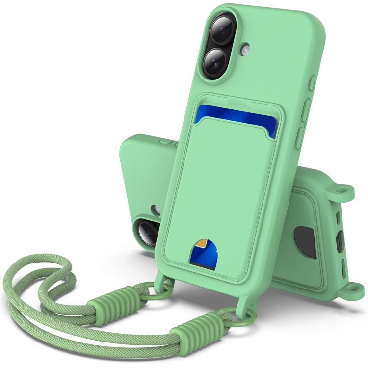 Integrated Card Bag Solid Color Liquid Silicone Phone Case Gen2 with Short Lanyard, For iPhone 16 Pro, For iPhone 16 Plus, For iPhone 16, For iPhone 15 Pro Max, For iPhone 15 Pro, For iPhone 15 Plus / 14 Plus