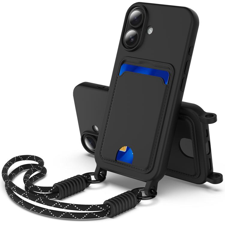 Integrated Card Bag Solid Color Liquid Silicone Phone Case Gen2 with Short Lanyard, For iPhone 16 Pro, For iPhone 16 Plus, For iPhone 16, For iPhone 15 Pro Max, For iPhone 15 Pro, For iPhone 15 Plus / 14 Plus