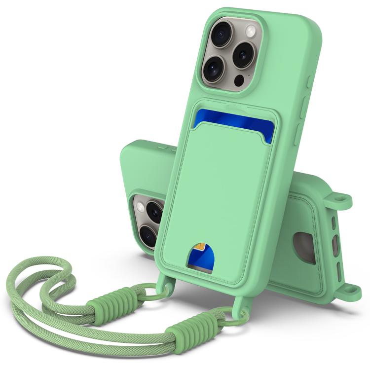 Integrated Card Bag Solid Color Liquid Silicone Phone Case Gen2 with Short Lanyard, For iPhone 16 Pro, For iPhone 16 Plus, For iPhone 16, For iPhone 15 Pro Max, For iPhone 15 Pro, For iPhone 15 Plus / 14 Plus