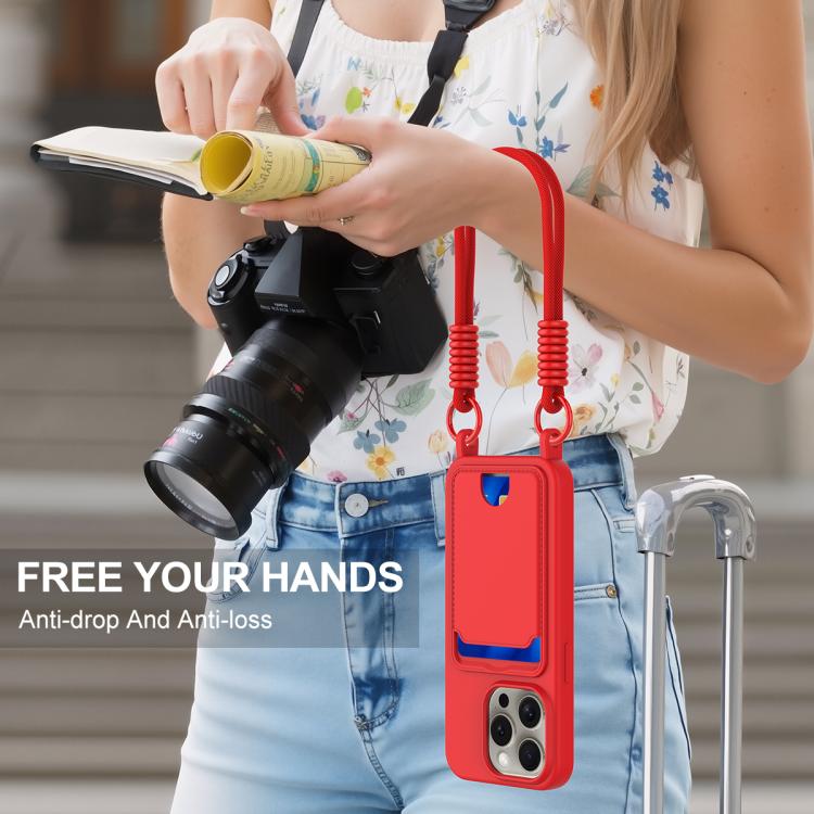 Integrated Card Bag Solid Color Liquid Silicone Phone Case Gen2 with Short Lanyard, For iPhone 16 Pro, For iPhone 16 Plus, For iPhone 16, For iPhone 15 Pro Max, For iPhone 15 Pro, For iPhone 15 Plus / 14 Plus