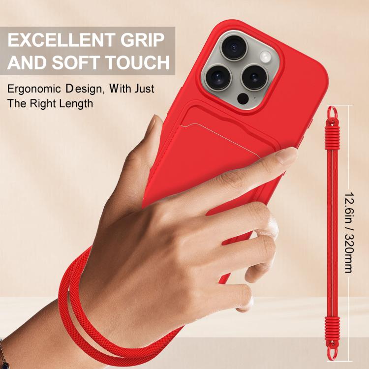 Integrated Card Bag Solid Color Liquid Silicone Phone Case Gen2 with Short Lanyard, For iPhone 16 Pro, For iPhone 16 Plus, For iPhone 16, For iPhone 15 Pro Max, For iPhone 15 Pro, For iPhone 15 Plus / 14 Plus