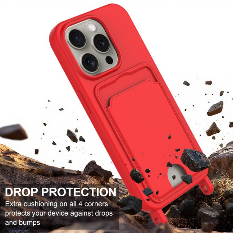 Integrated Card Bag Solid Color Liquid Silicone Phone Case Gen2 with Short Lanyard, For iPhone 16 Pro, For iPhone 16 Plus, For iPhone 16, For iPhone 15 Pro Max, For iPhone 15 Pro, For iPhone 15 Plus / 14 Plus