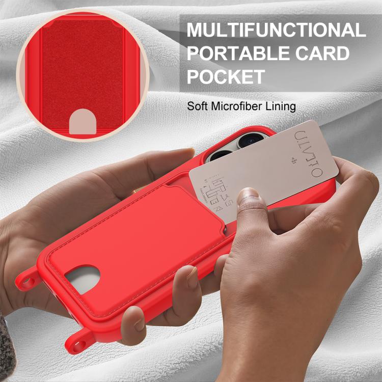 Integrated Card Bag Solid Color Liquid Silicone Phone Case Gen2 with Short Lanyard, For iPhone 16 Pro, For iPhone 16 Plus, For iPhone 16, For iPhone 15 Pro Max, For iPhone 15 Pro, For iPhone 15 Plus / 14 Plus