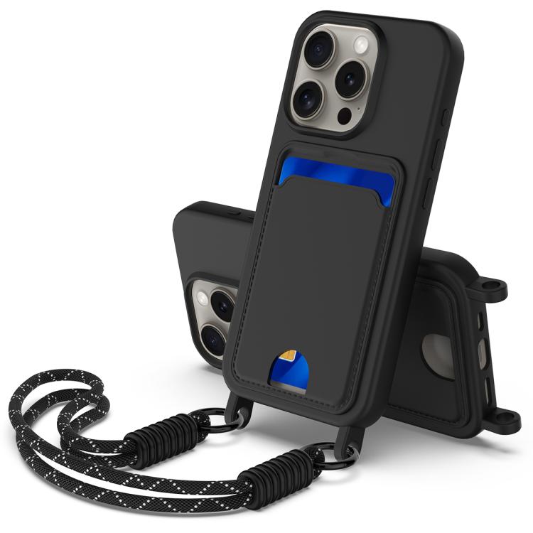 Integrated Card Bag Solid Color Liquid Silicone Phone Case Gen2 with Short Lanyard, For iPhone 16 Pro, For iPhone 16 Plus, For iPhone 16, For iPhone 15 Pro Max, For iPhone 15 Pro, For iPhone 15 Plus / 14 Plus