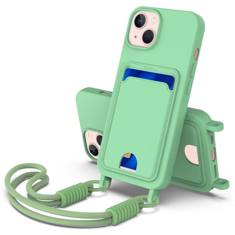 Integrated Card Bag Solid Color Liquid Silicone Phone Case Gen2 with Short Lanyard, For iPhone 16 Pro, For iPhone 16 Plus, For iPhone 16, For iPhone 15 Pro Max, For iPhone 15 Pro, For iPhone 15 Plus / 14 Plus