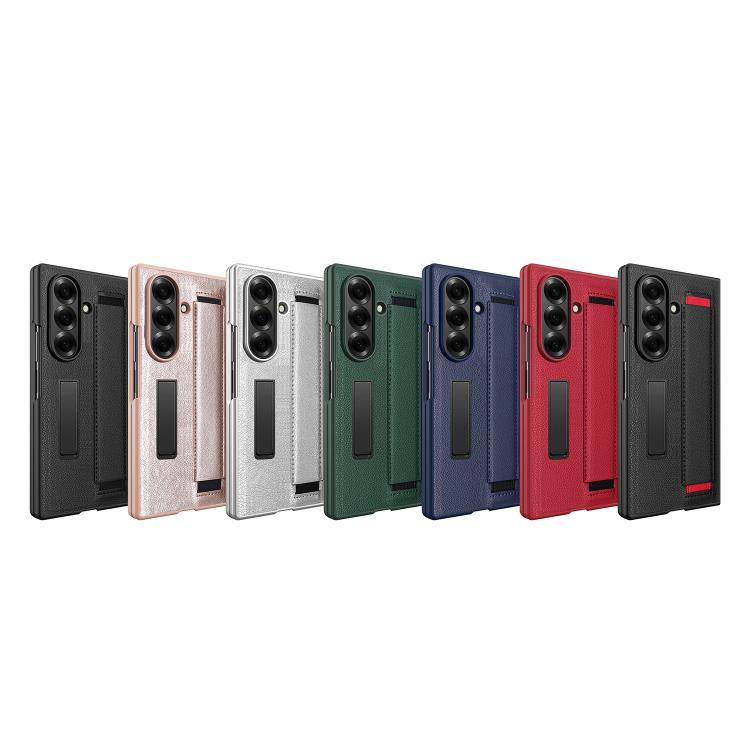 Integrated Invisible Bracket Litchi Skin Pasting Phone Case with Hand Strap
