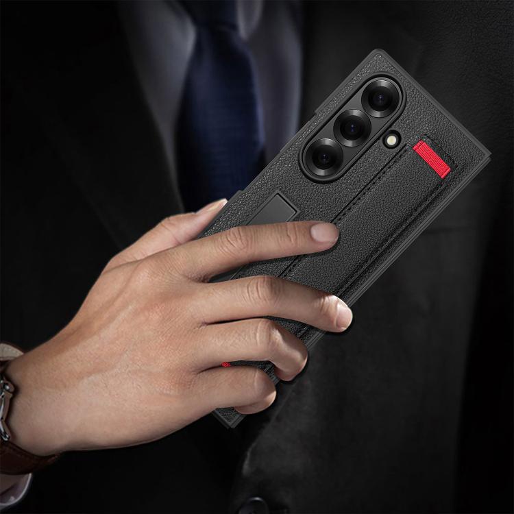 Integrated Invisible Bracket Litchi Skin Pasting Phone Case with Hand Strap