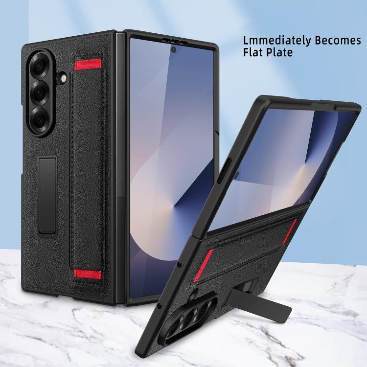 Integrated Invisible Bracket Litchi Skin Pasting Phone Case with Hand Strap