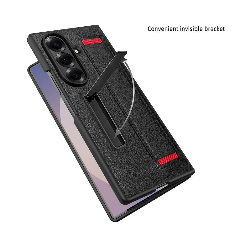 Integrated Invisible Bracket Litchi Skin Pasting Phone Case with Hand Strap