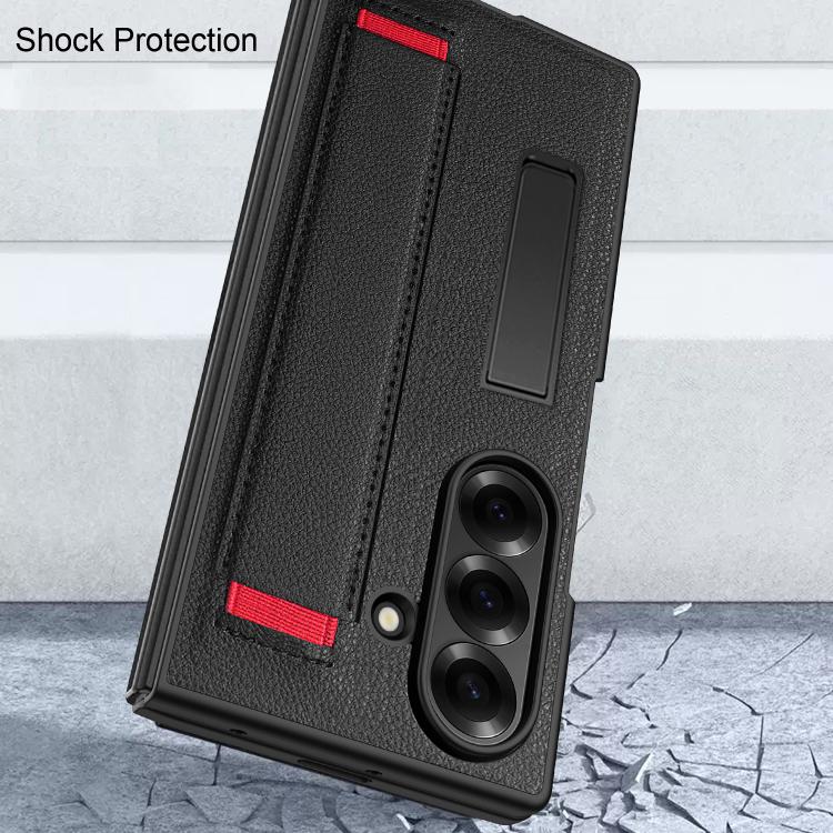 Integrated Invisible Bracket Litchi Skin Pasting Phone Case with Hand Strap