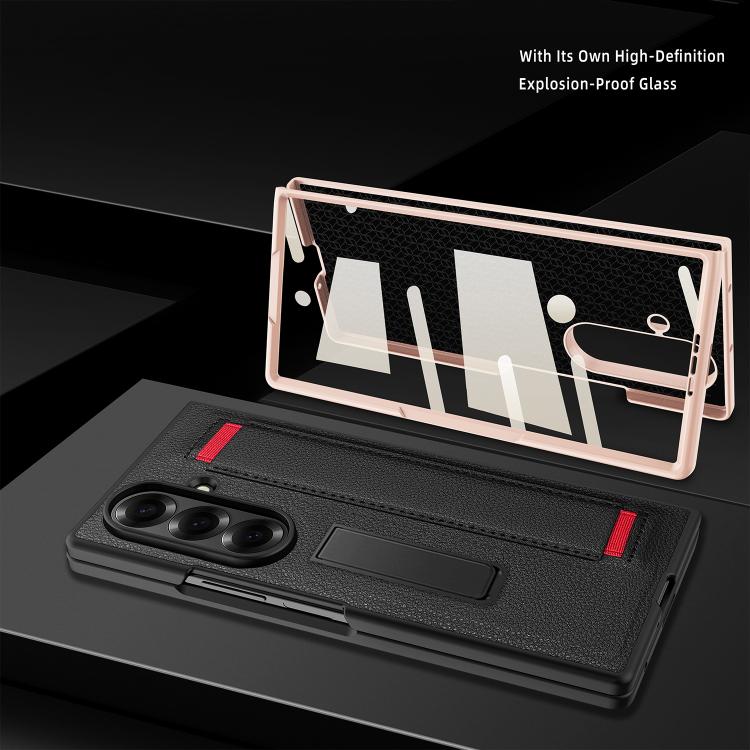 Integrated Invisible Bracket Litchi Skin Pasting Phone Case with Hand Strap