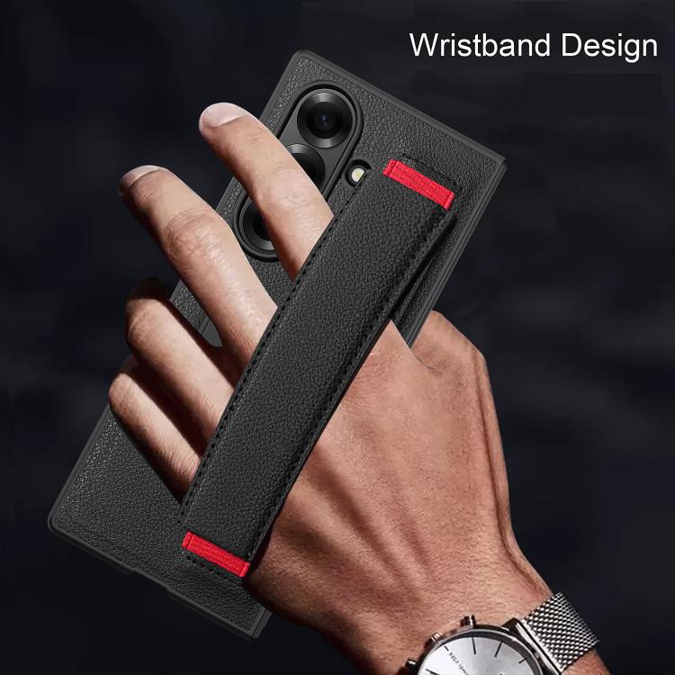 Integrated Invisible Bracket Litchi Skin Pasting Phone Case with Hand Strap