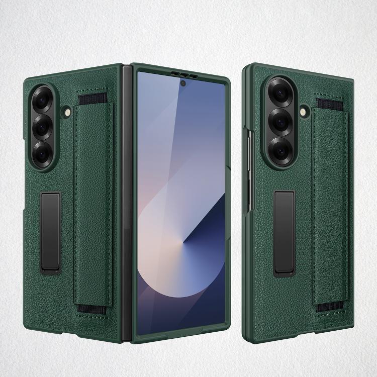 Integrated Invisible Bracket Litchi Skin Pasting Phone Case with Hand Strap