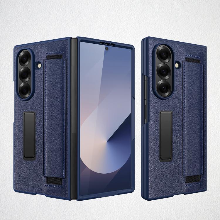 Integrated Invisible Bracket Litchi Skin Pasting Phone Case with Hand Strap