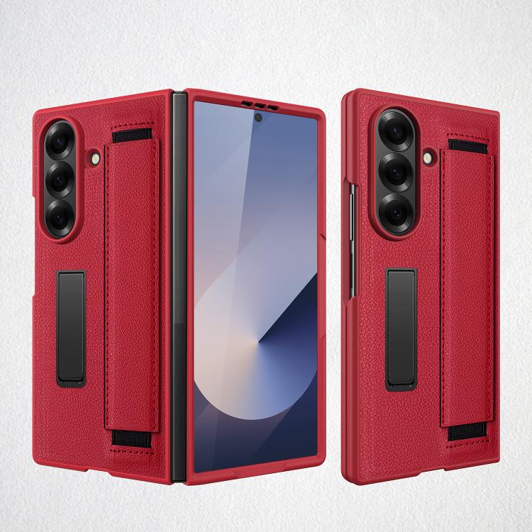 Integrated Invisible Bracket Litchi Skin Pasting Phone Case with Hand Strap