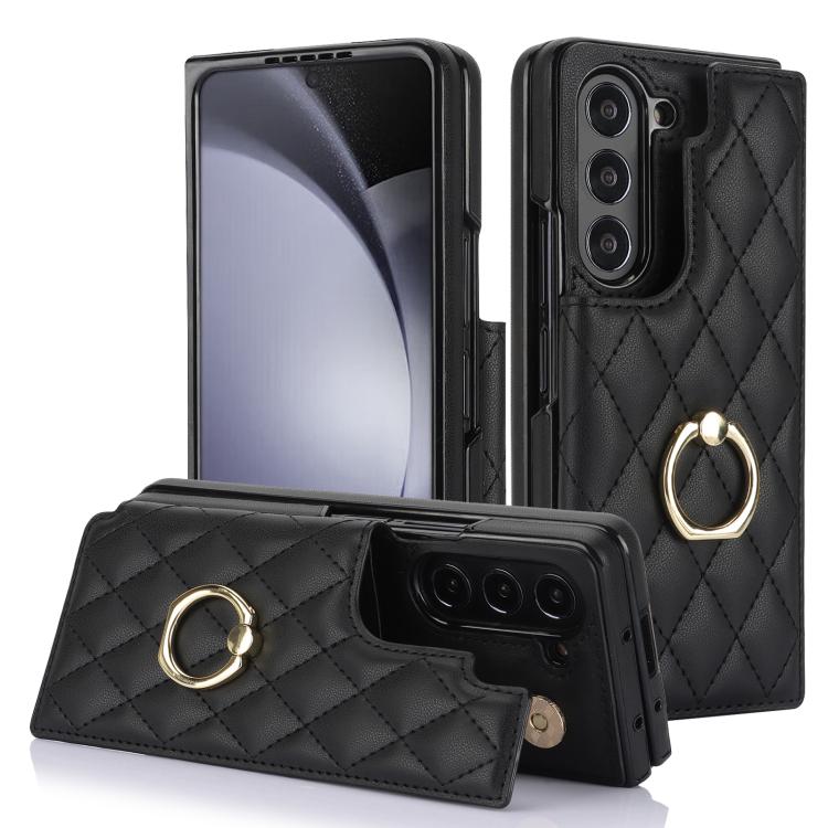 Rhombic Texture Ring Double Buckle Leather Phone Case