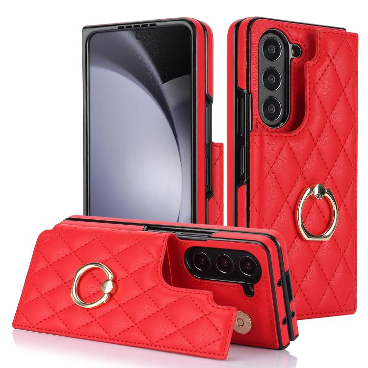 Rhombic Texture Ring Double Buckle Leather Phone Case
