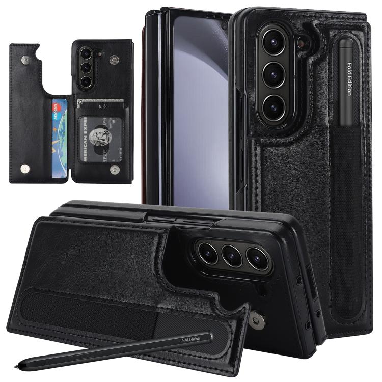 Full Coverage Fold Double Buckle PU Phone Case with Pen Slots