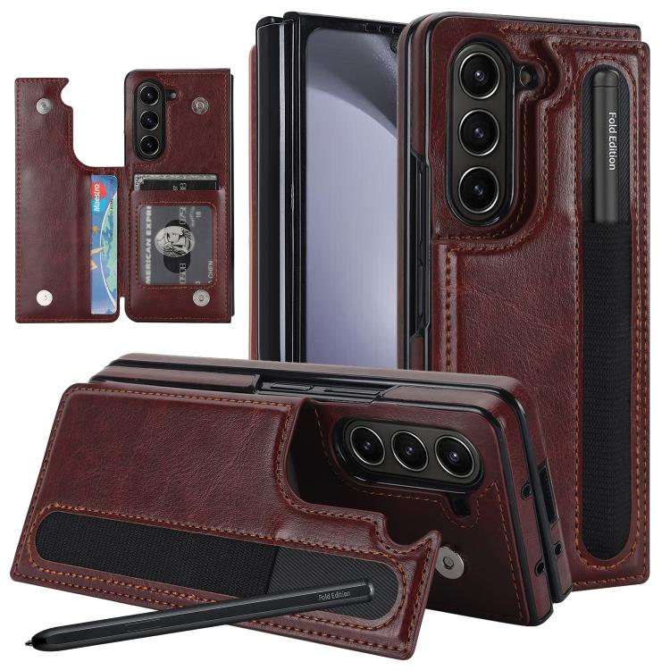 Full Coverage Fold Double Buckle PU Phone Case with Pen Slots