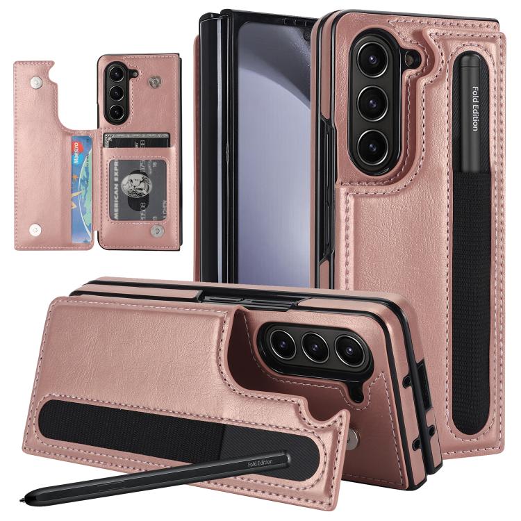 Full Coverage Fold Double Buckle PU Phone Case with Pen Slots