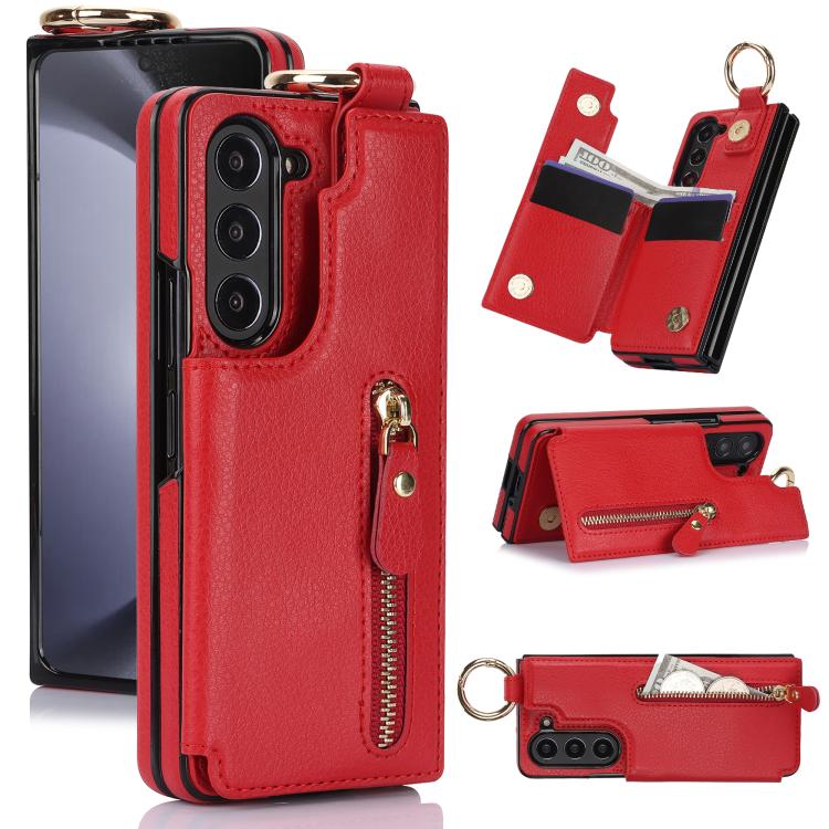 Litchi Texture Ring Zipper Double Buckle Leather Phone Case