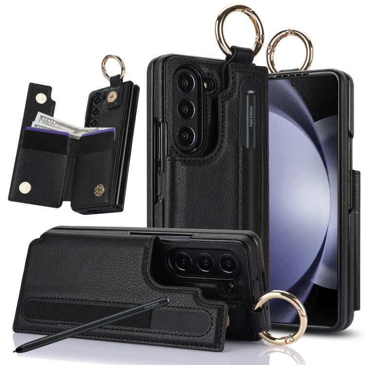 Litchi Texture Double Buckle Leather Phone Case with Pen Slot