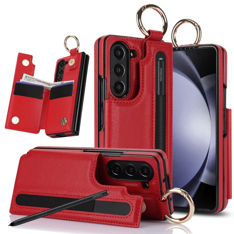 Litchi Texture Double Buckle Leather Phone Case with Pen Slot