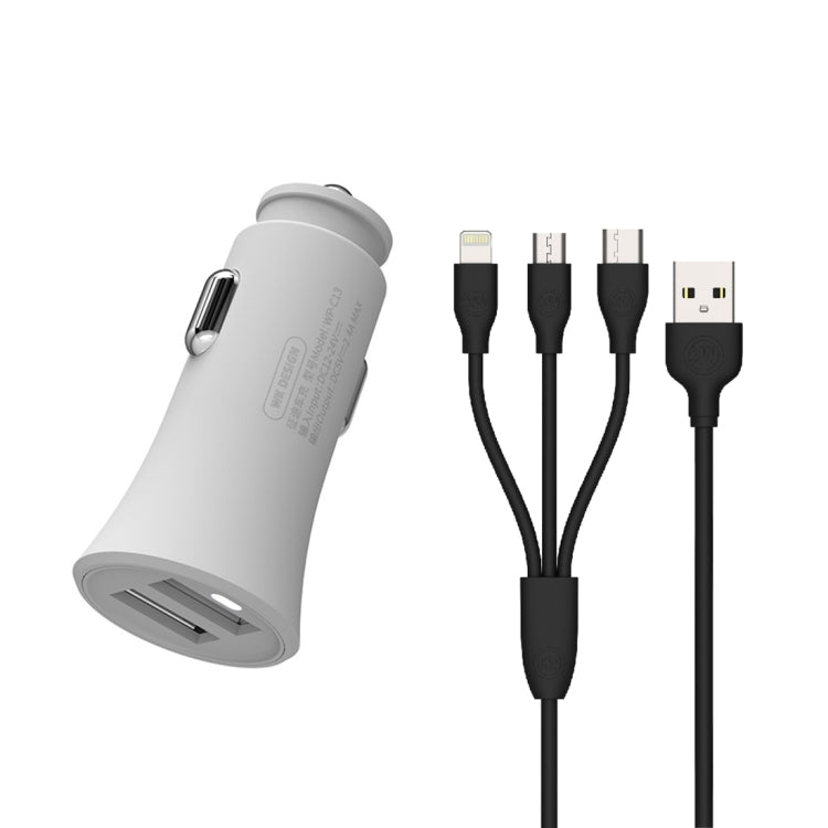 WK WP-C13 2.4A Warpath Dual USB Car Charger with USB to 8 Pin / Micro USB / Type-C Data Cable, WP-C13 with Cable (White)