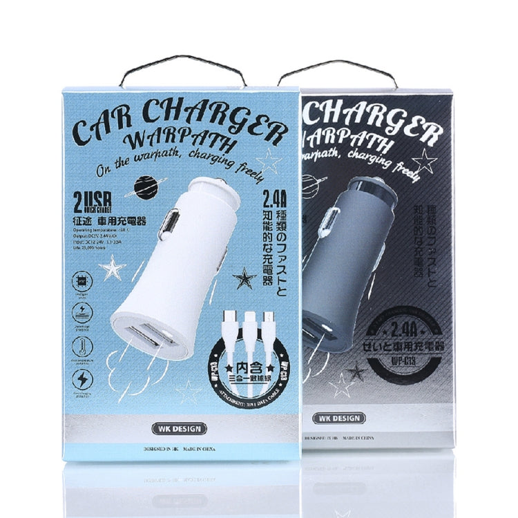 WK WP-C13 2.4A Warpath Dual USB Car Charger with USB to 8 Pin / Micro USB / Type-C Data Cable, WP-C13 with Cable (White)