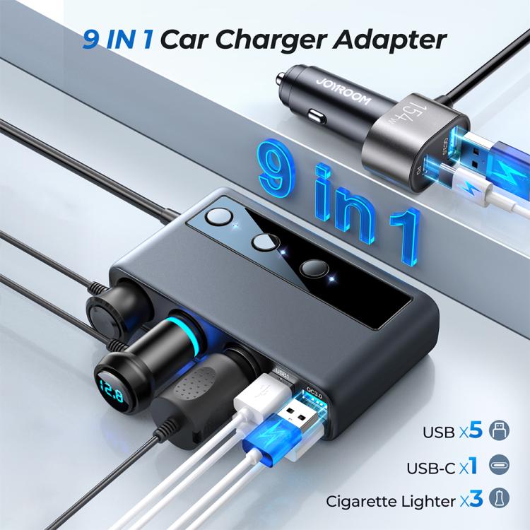 JOYROOM JR-CL06 9 in 1 210W PD USB-C / Type-C + Dual QC3.0 USB + 3 USB + 3 Cigarette Lighter Holes Digital Display Car Charger, JR-CL06