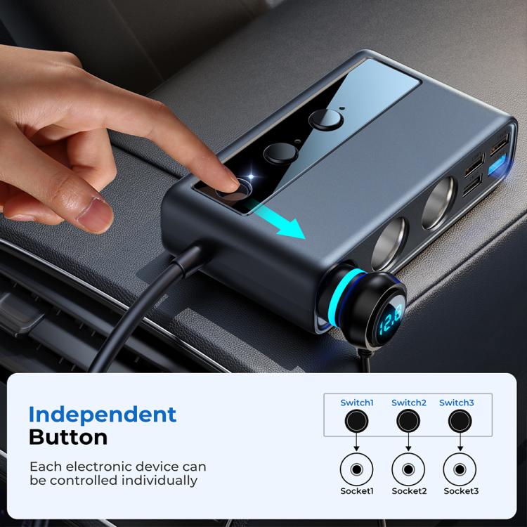 JOYROOM JR-CL06 9 in 1 210W PD USB-C / Type-C + Dual QC3.0 USB + 3 USB + 3 Cigarette Lighter Holes Digital Display Car Charger, JR-CL06