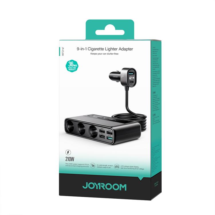 JOYROOM JR-CL06 9 in 1 210W PD USB-C / Type-C + Dual QC3.0 USB + 3 USB + 3 Cigarette Lighter Holes Digital Display Car Charger, JR-CL06