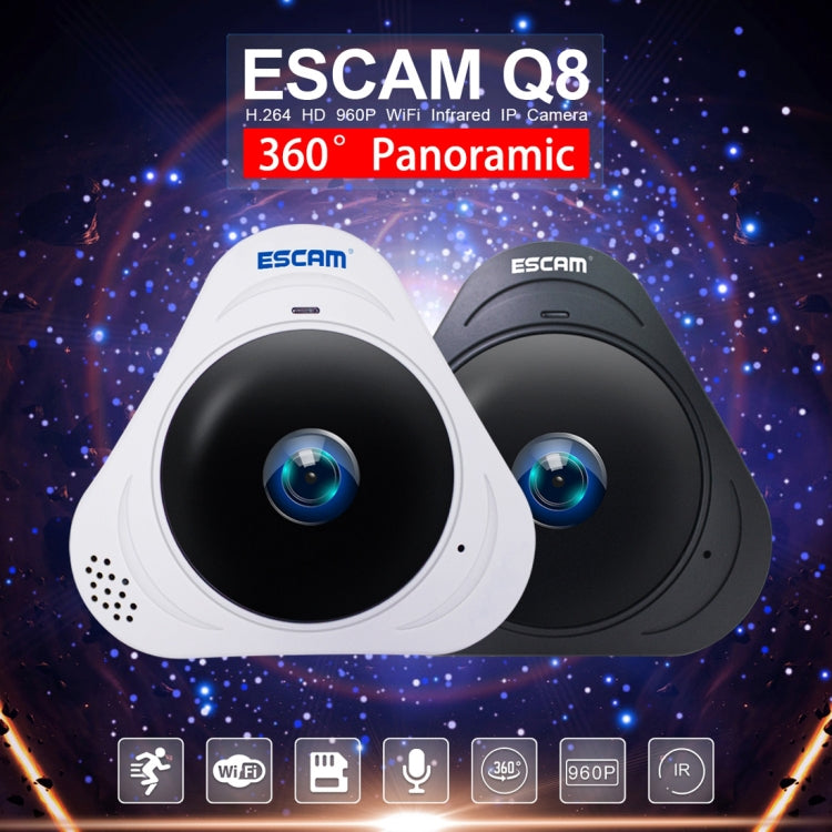 ESCAM Q8 960P 360 Degrees Fisheye Lens 1.3MP WiFi IP Camera, Support Motion Detection / Night Vision, IR Distance: 5-10m, AU Plug, Q8 US Plug, Q8 AU Plug, Q8 EU Plug, Q8 UK Plug