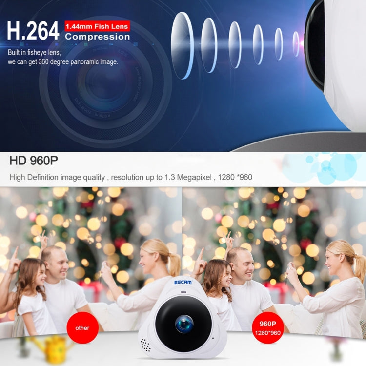 ESCAM Q8 960P 360 Degrees Fisheye Lens 1.3MP WiFi IP Camera, Support Motion Detection / Night Vision, IR Distance: 5-10m, AU Plug, Q8 US Plug, Q8 AU Plug, Q8 EU Plug, Q8 UK Plug