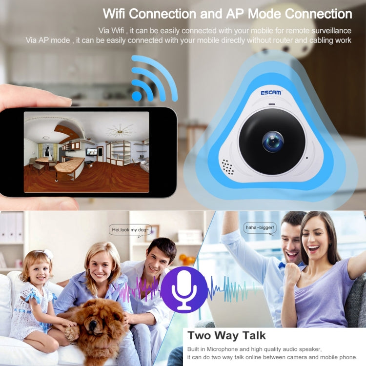ESCAM Q8 960P 360 Degrees Fisheye Lens 1.3MP WiFi IP Camera, Support Motion Detection / Night Vision, IR Distance: 5-10m, AU Plug, Q8 US Plug, Q8 AU Plug, Q8 EU Plug, Q8 UK Plug