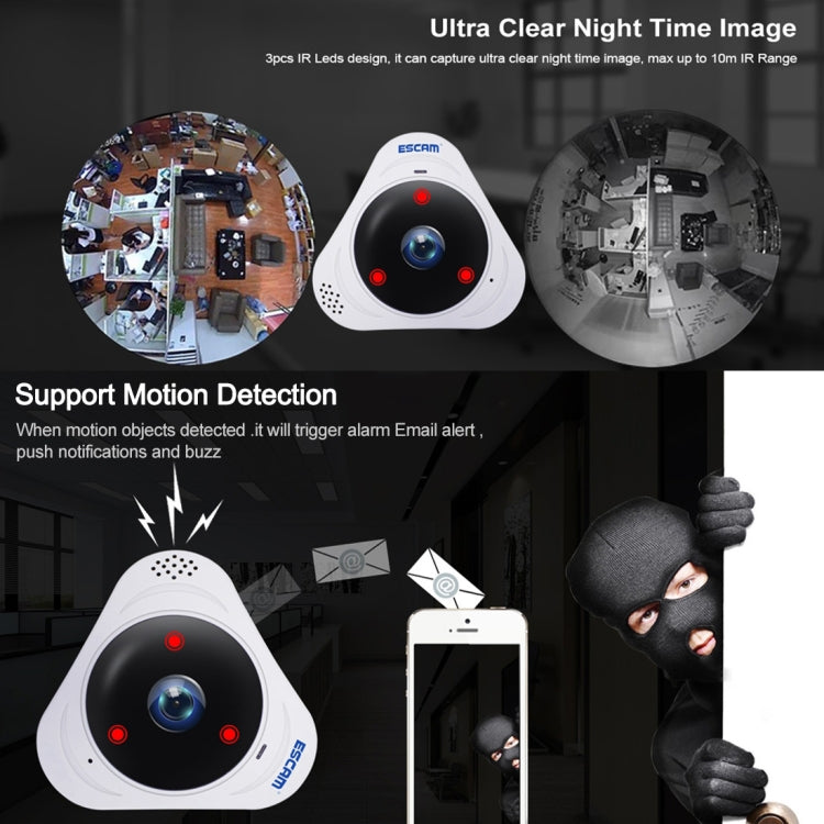 ESCAM Q8 960P 360 Degrees Fisheye Lens 1.3MP WiFi IP Camera, Support Motion Detection / Night Vision, IR Distance: 5-10m, AU Plug, Q8 US Plug, Q8 AU Plug, Q8 EU Plug, Q8 UK Plug