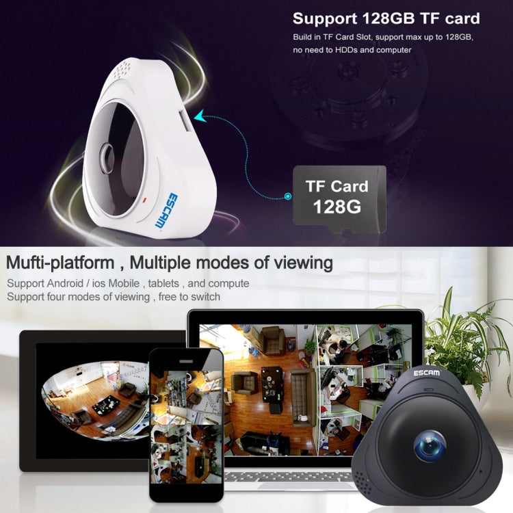 ESCAM Q8 960P 360 Degrees Fisheye Lens 1.3MP WiFi IP Camera, Support Motion Detection / Night Vision, IR Distance: 5-10m, AU Plug, Q8 US Plug, Q8 AU Plug, Q8 EU Plug, Q8 UK Plug