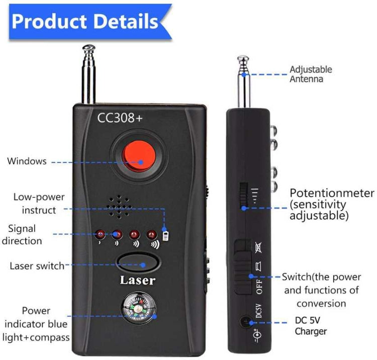 CC308 Full Range Camera Laser Detector Mini Wireless Camera Signal GSM Device Finder