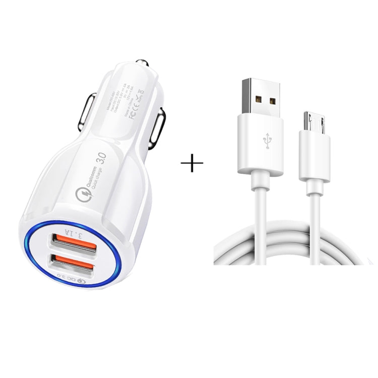 Qc3.0 Dual USB Car Charger + Micro USB Fast Charging Cable Car Charging Kit, Micro USB (White), Micro USB (Black)