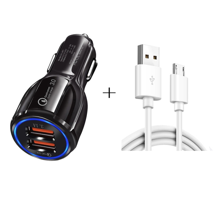 Qc3.0 Dual USB Car Charger + Micro USB Fast Charging Cable Car Charging Kit, Micro USB (White), Micro USB (Black)