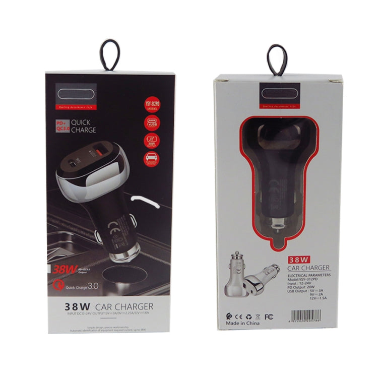 YSY-312PD QC3.0 18W USB + PD 20W USB-C / Type-C Car Charger with USB to 8 Pin Data Cable, PD 20W with 8 Pin Cable