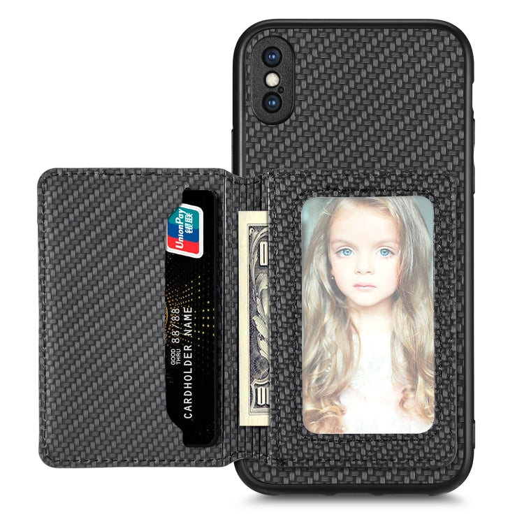 Carbon Fiber Magnetic Card Bag Phone Case, For iPhone 11, For iPhone 11 Pro, For iPhone 11 Pro Max, For iPhone X / XS